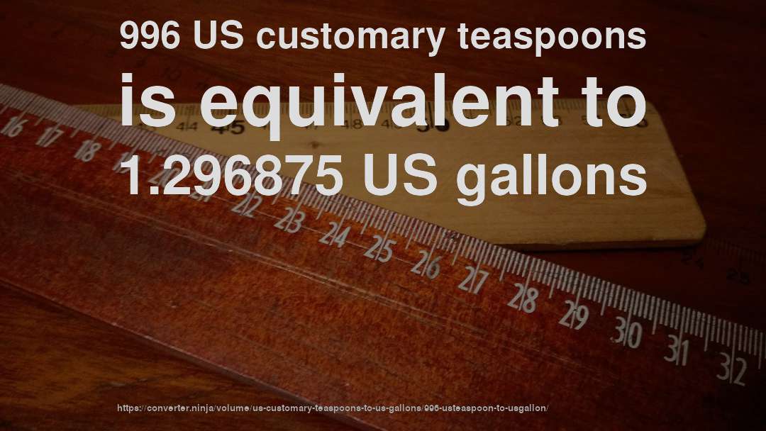 996 US customary teaspoons is equivalent to 1.296875 US gallons