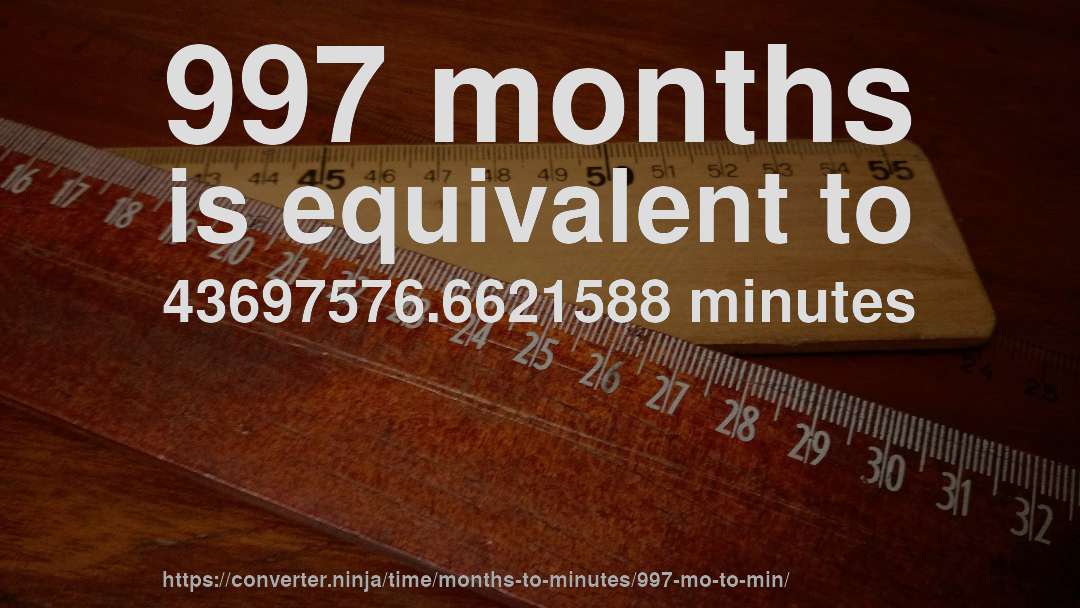 997 months is equivalent to 43697576.6621588 minutes