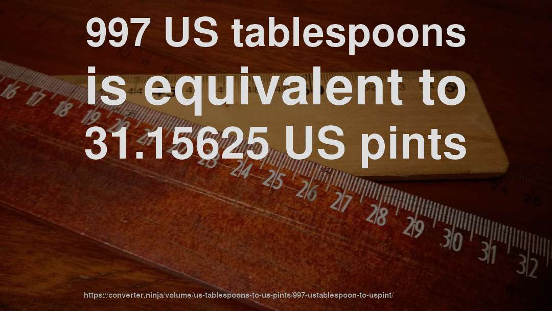 997 US tablespoons is equivalent to 31.15625 US pints