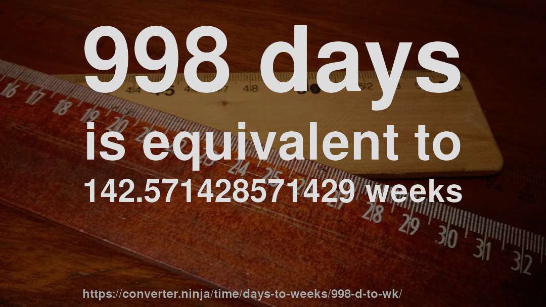 998 days is equivalent to 142.571428571429 weeks