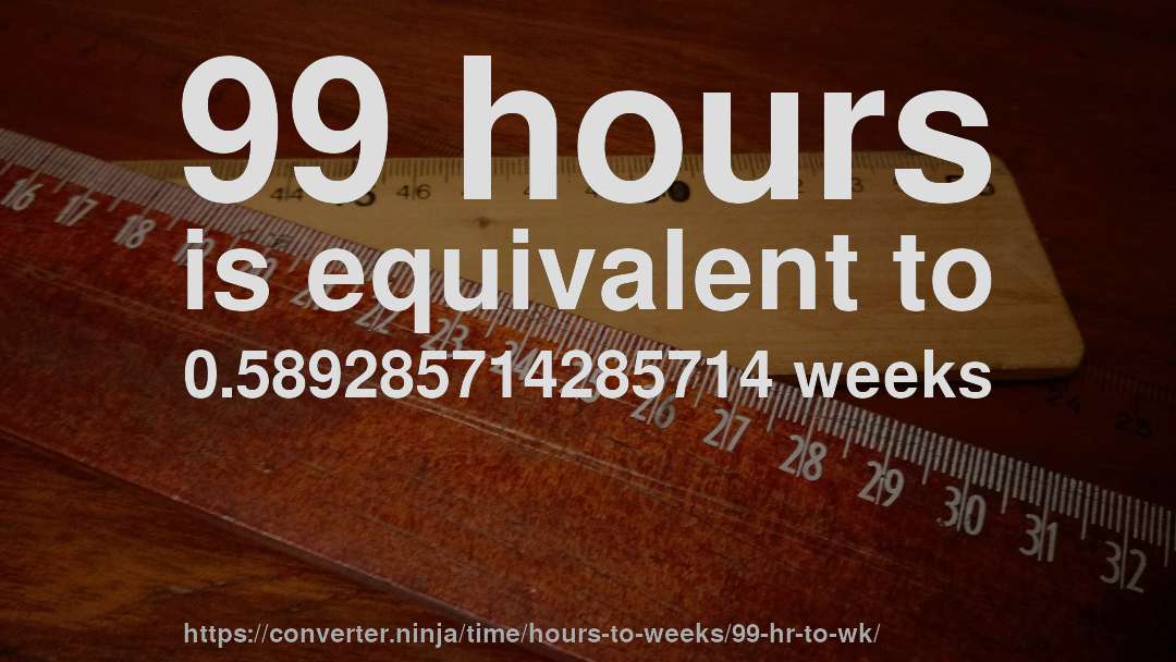 99 hours is equivalent to 0.589285714285714 weeks