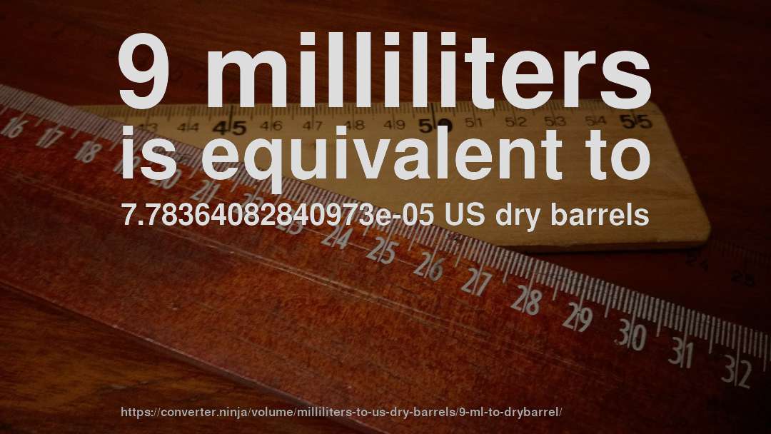 9 milliliters is equivalent to 7.78364082840973e-05 US dry barrels
