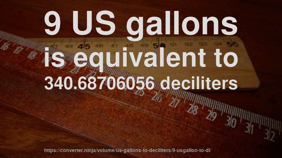 9 US gallons is equivalent to 340.68706056 deciliters
