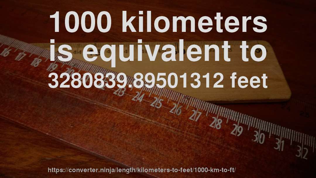 1000 kilometers is equivalent to 3280839.89501312 feet