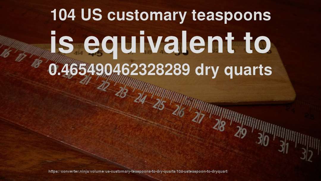 104 US customary teaspoons is equivalent to 0.465490462328289 dry quarts