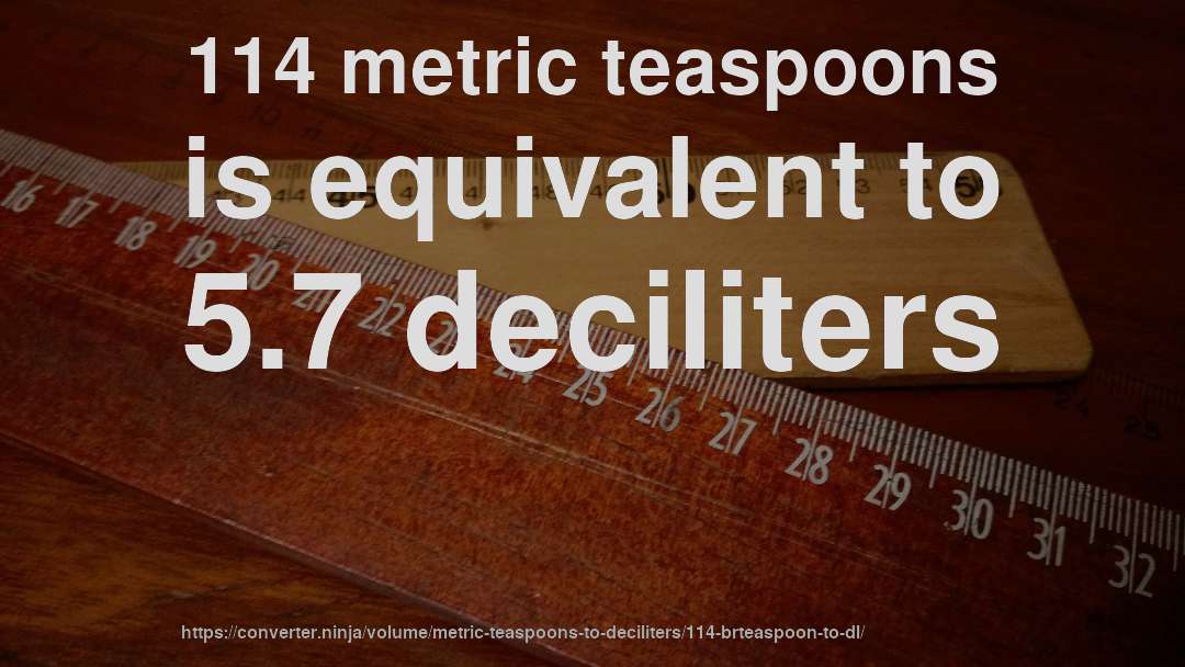 114 metric teaspoons is equivalent to 5.7 deciliters