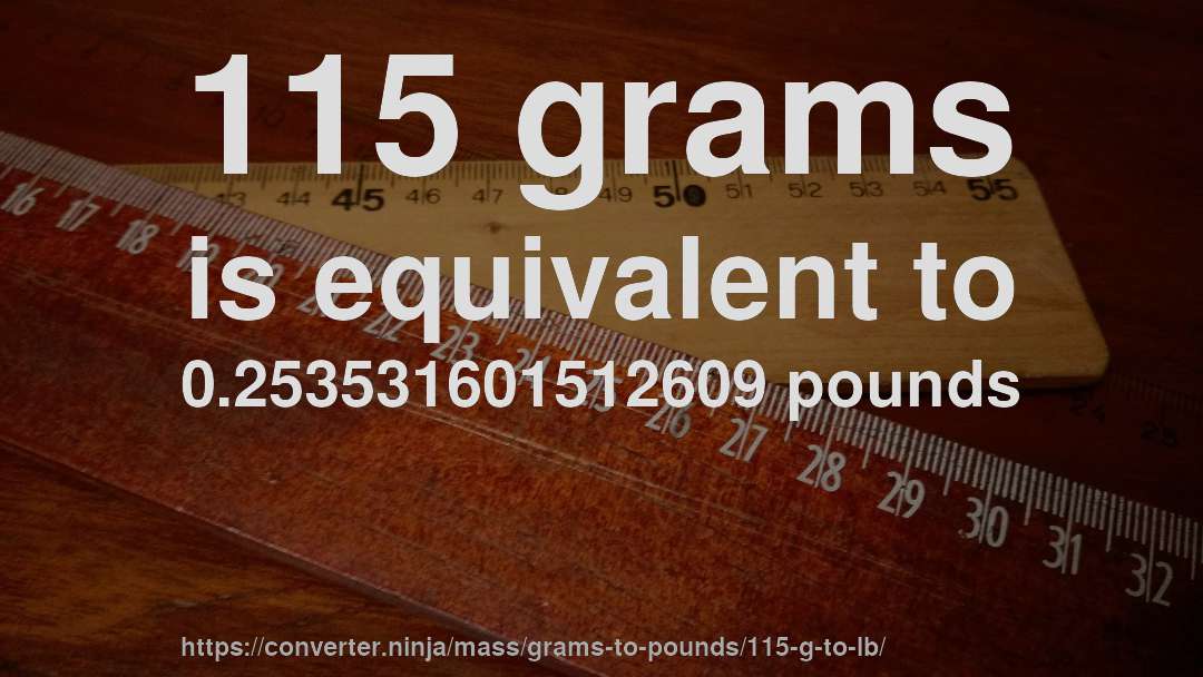 115 grams is equivalent to 0.253531601512609 pounds
