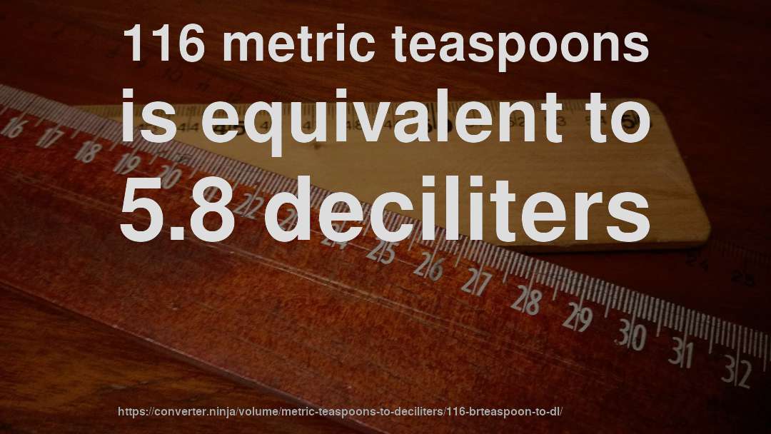 116 metric teaspoons is equivalent to 5.8 deciliters