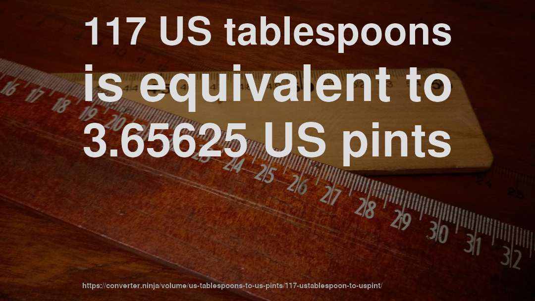 117 US tablespoons is equivalent to 3.65625 US pints