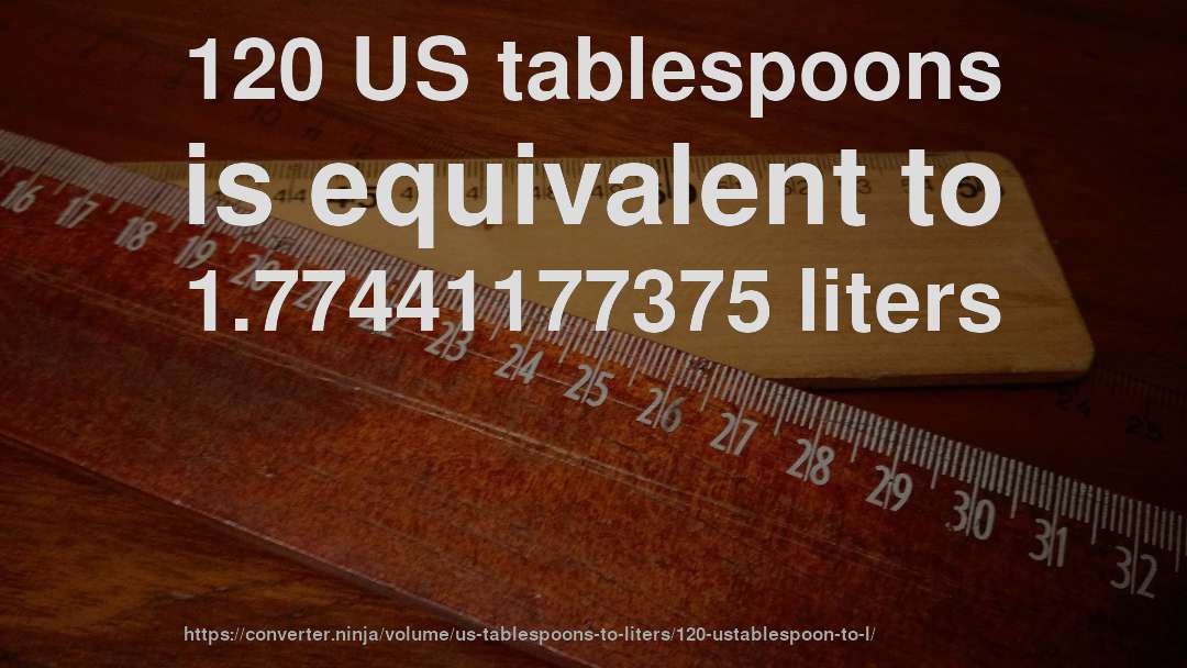 120 US tablespoons is equivalent to 1.77441177375 liters
