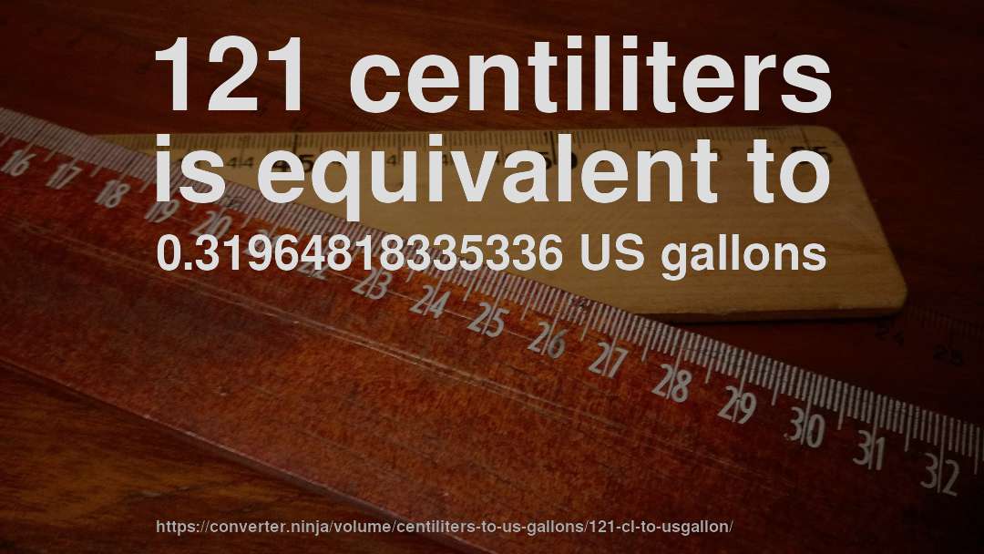 121 centiliters is equivalent to 0.31964818335336 US gallons