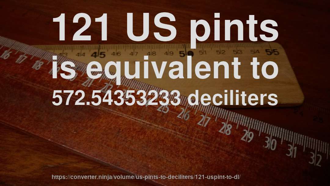 121 US pints is equivalent to 572.54353233 deciliters