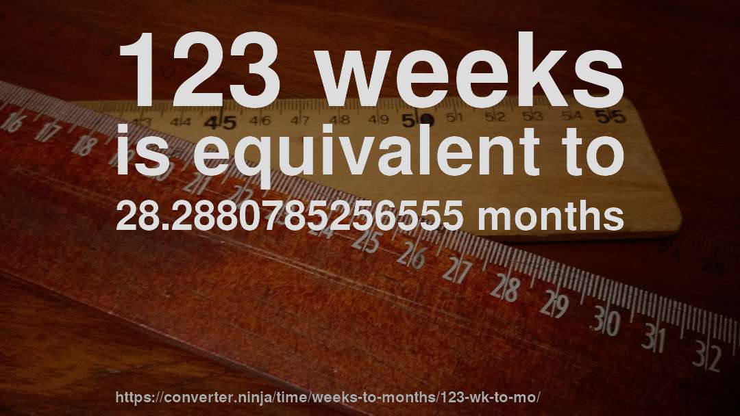 123 weeks is equivalent to 28.2880785256555 months