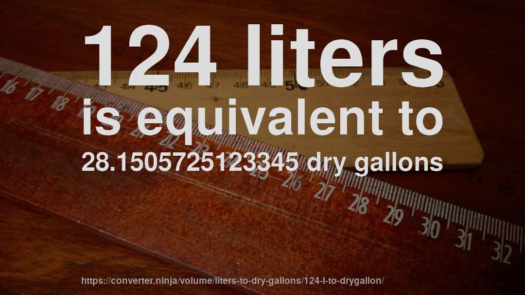 124 liters is equivalent to 28.1505725123345 dry gallons