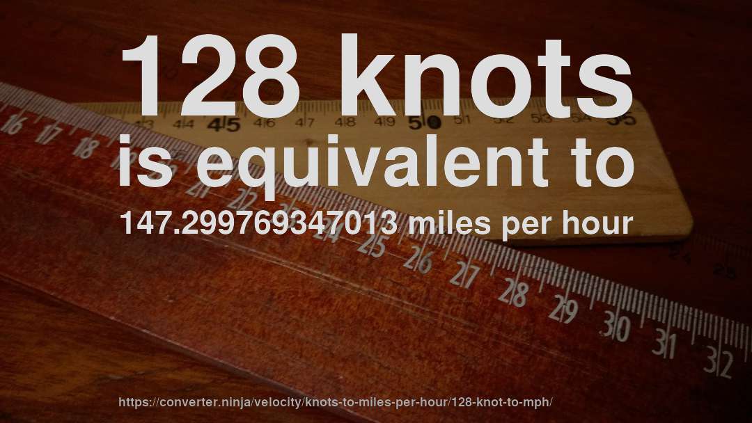 128 knots is equivalent to 147.299769347013 miles per hour