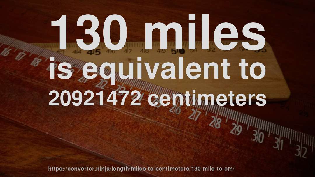 130 miles is equivalent to 20921472 centimeters