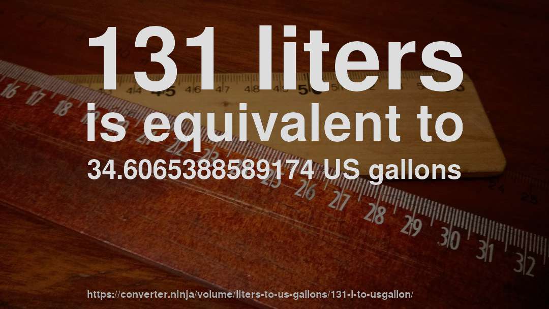 131 liters is equivalent to 34.6065388589174 US gallons