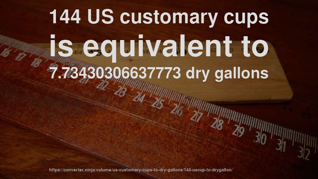 144 US customary cups is equivalent to 7.73430306637773 dry gallons