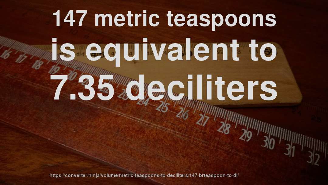 147 metric teaspoons is equivalent to 7.35 deciliters