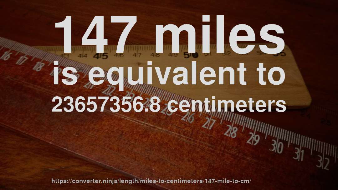 147 miles is equivalent to 23657356.8 centimeters