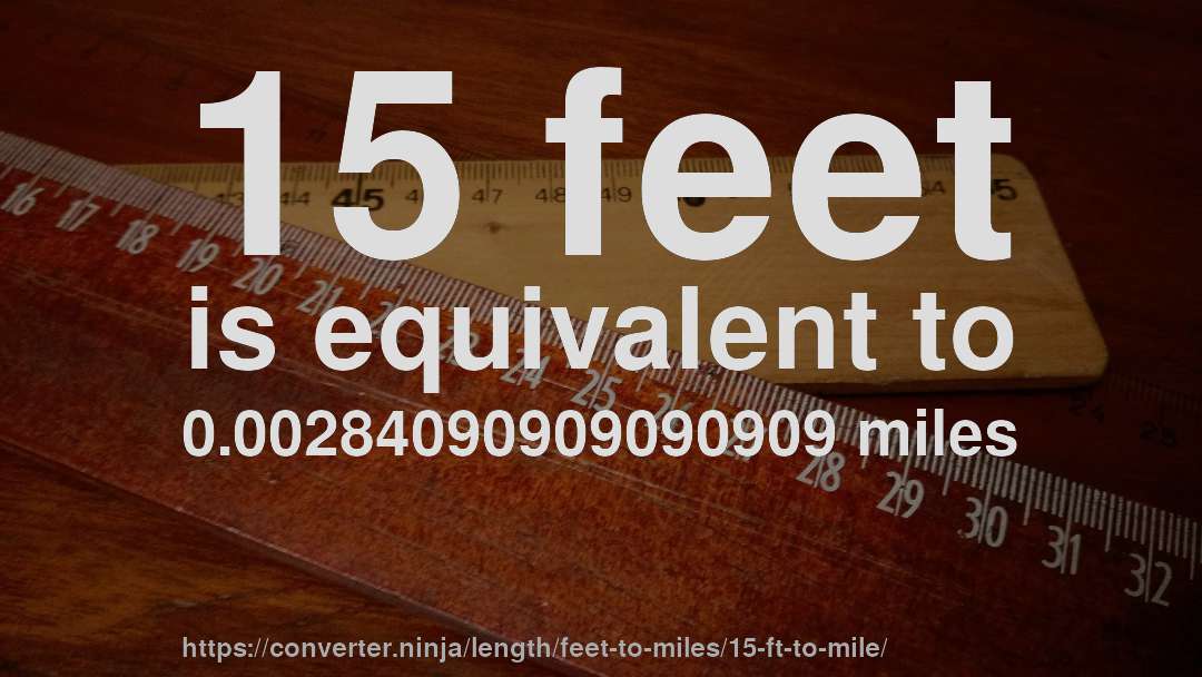 15 feet is equivalent to 0.00284090909090909 miles