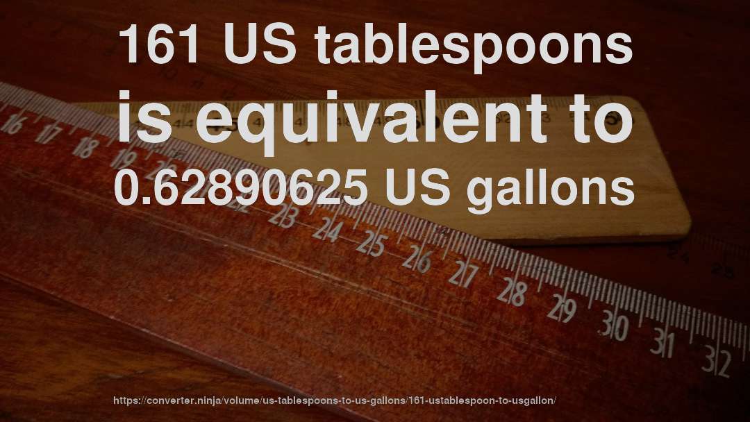 161 US tablespoons is equivalent to 0.62890625 US gallons