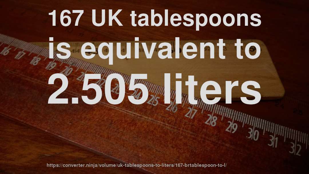 167 UK tablespoons is equivalent to 2.505 liters