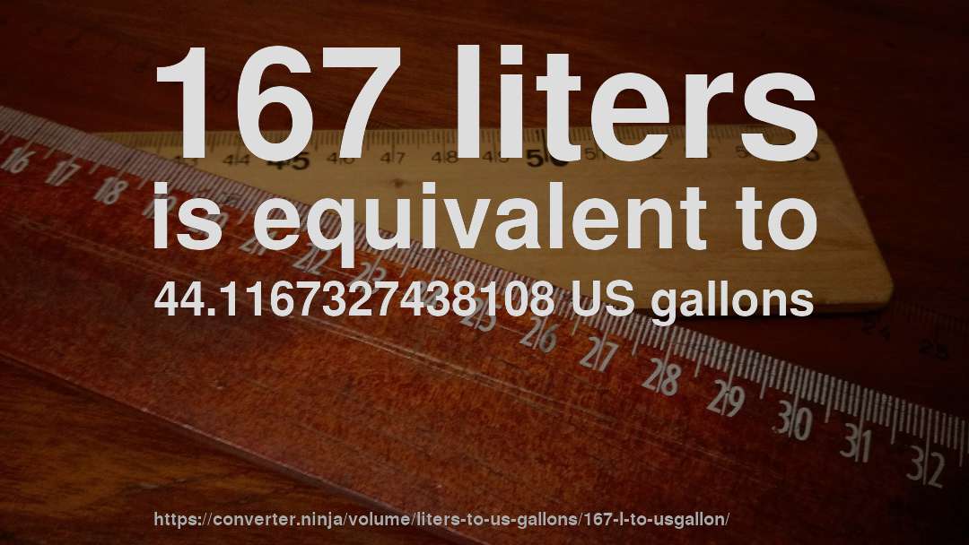 167 liters is equivalent to 44.1167327438108 US gallons