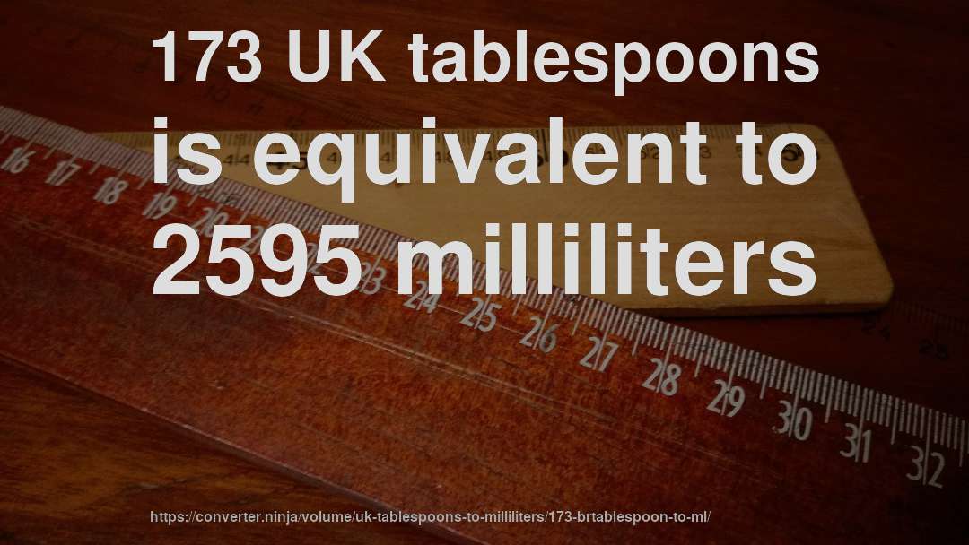173 UK tablespoons is equivalent to 2595 milliliters