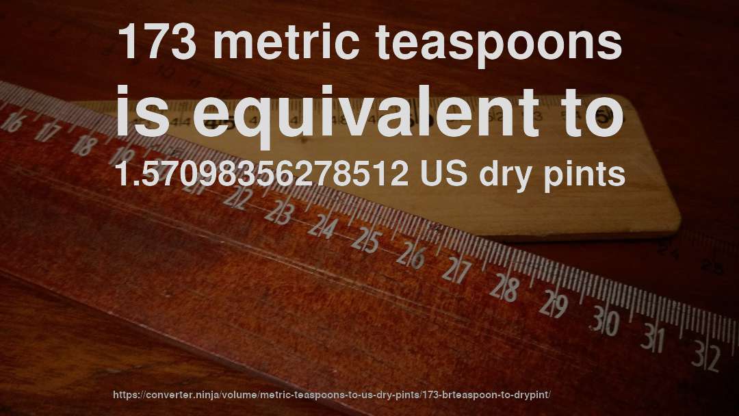173 metric teaspoons is equivalent to 1.57098356278512 US dry pints