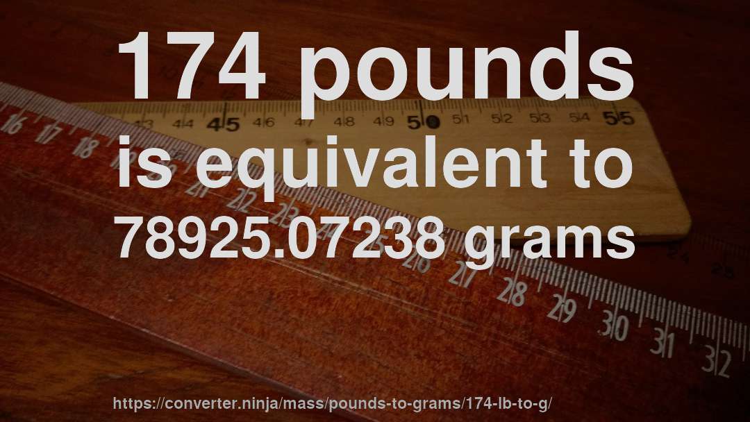 174 pounds is equivalent to 78925.07238 grams