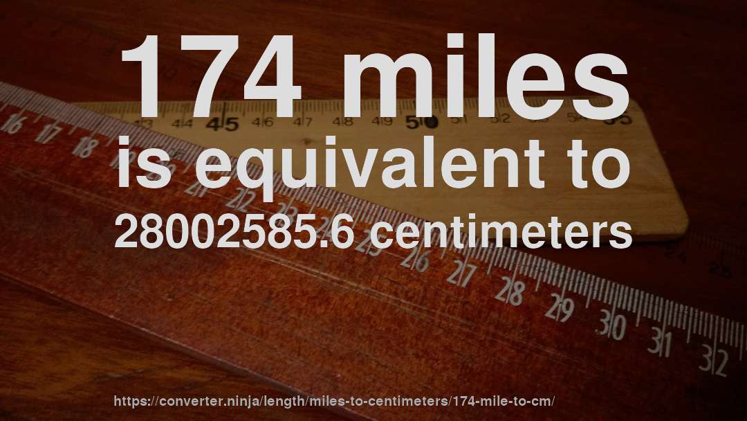 174 miles is equivalent to 28002585.6 centimeters