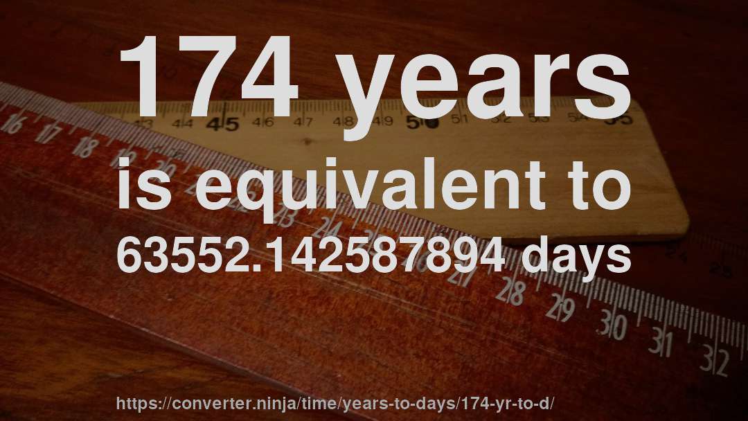 174 years is equivalent to 63552.142587894 days