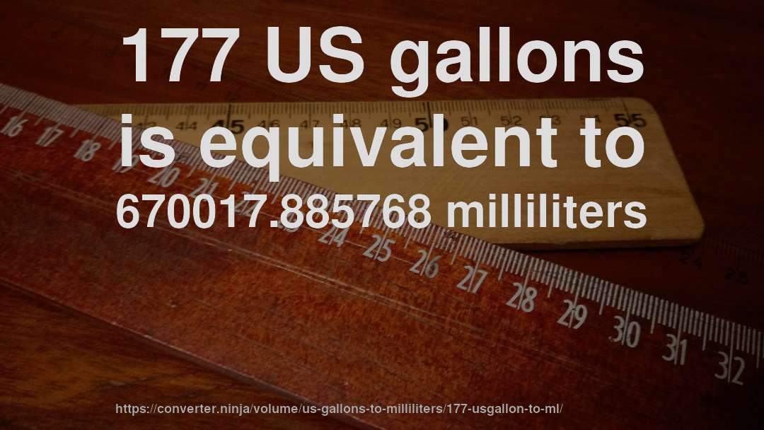 177 US gallons is equivalent to 670017.885768 milliliters