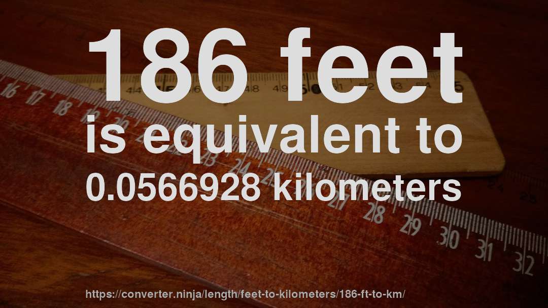 186 feet is equivalent to 0.0566928 kilometers