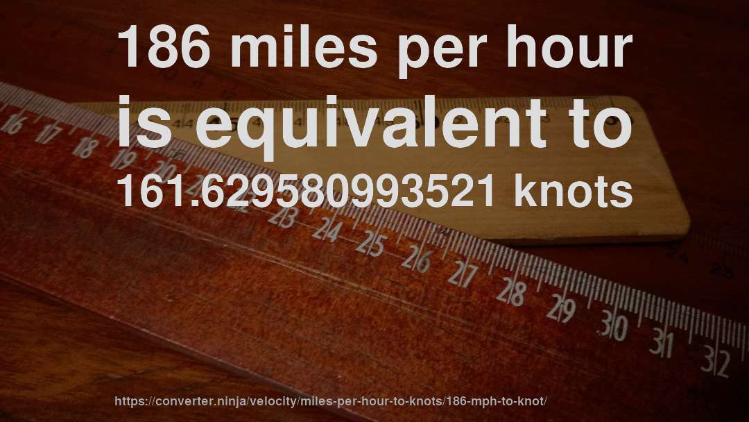 186 miles per hour is equivalent to 161.629580993521 knots