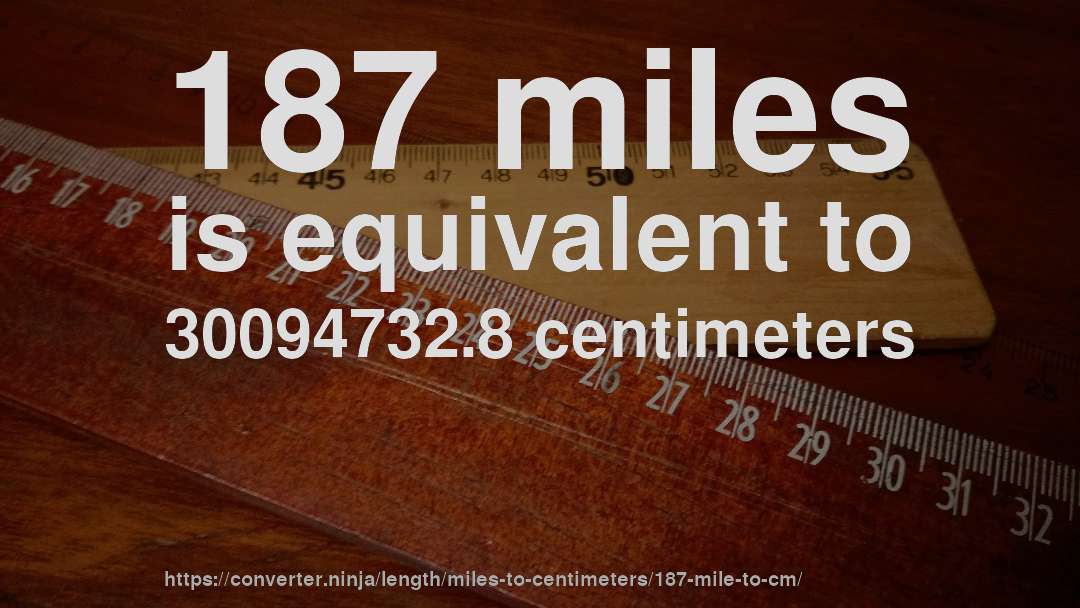 187 miles is equivalent to 30094732.8 centimeters