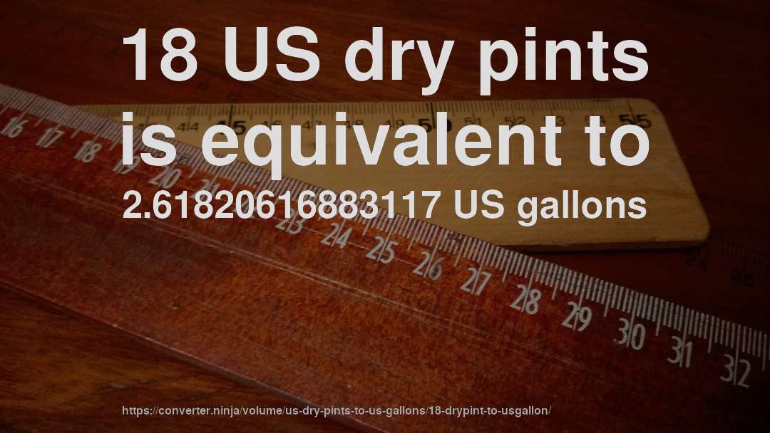 18 US dry pints is equivalent to 2.61820616883117 US gallons