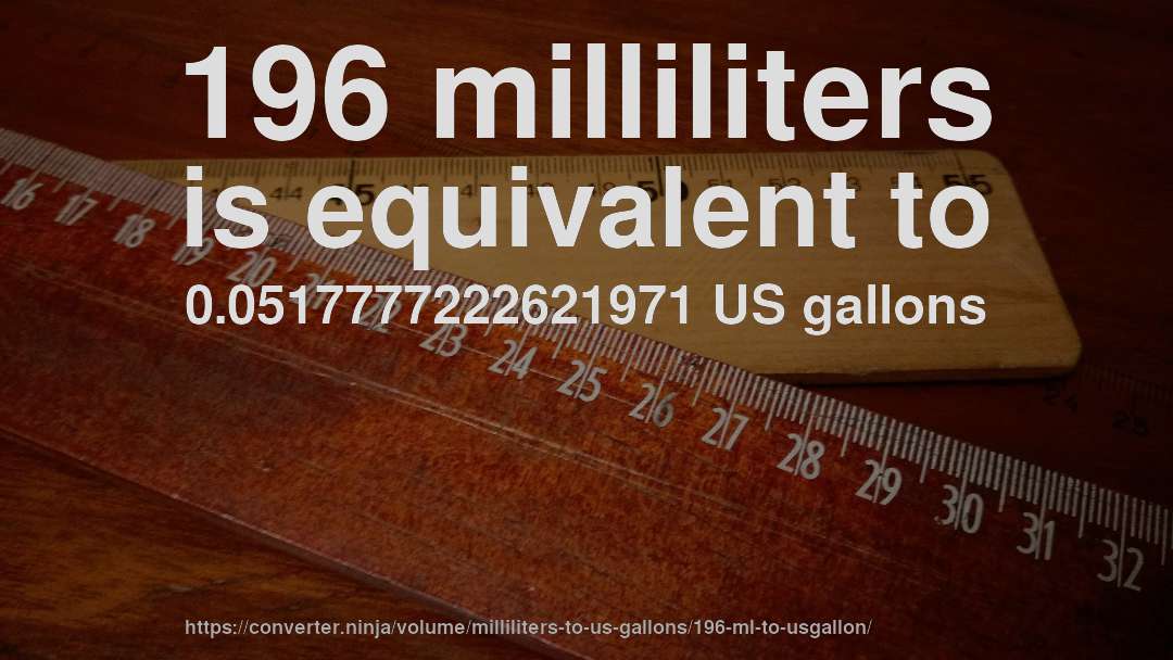 196 milliliters is equivalent to 0.0517777222621971 US gallons