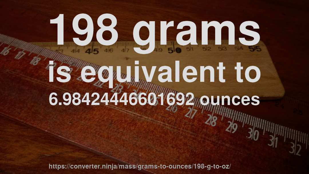 198 grams is equivalent to 6.98424446601692 ounces