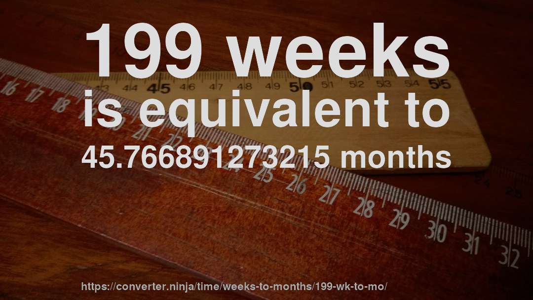 199 weeks is equivalent to 45.766891273215 months