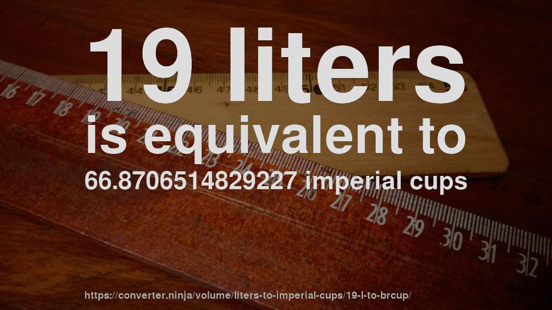19 liters is equivalent to 66.8706514829227 imperial cups