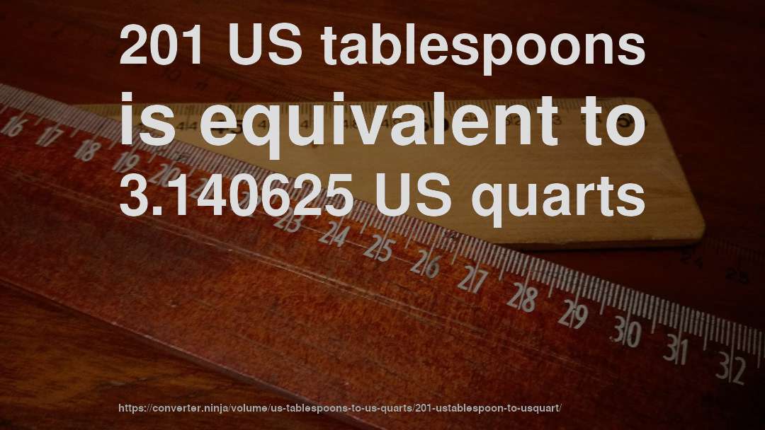 201 US tablespoons is equivalent to 3.140625 US quarts