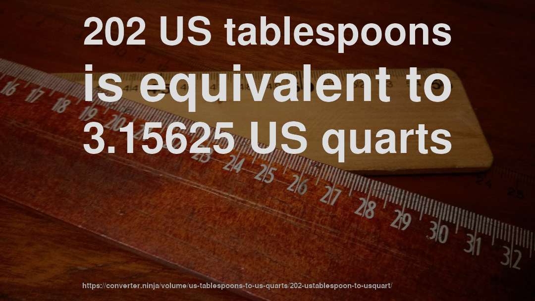 202 US tablespoons is equivalent to 3.15625 US quarts