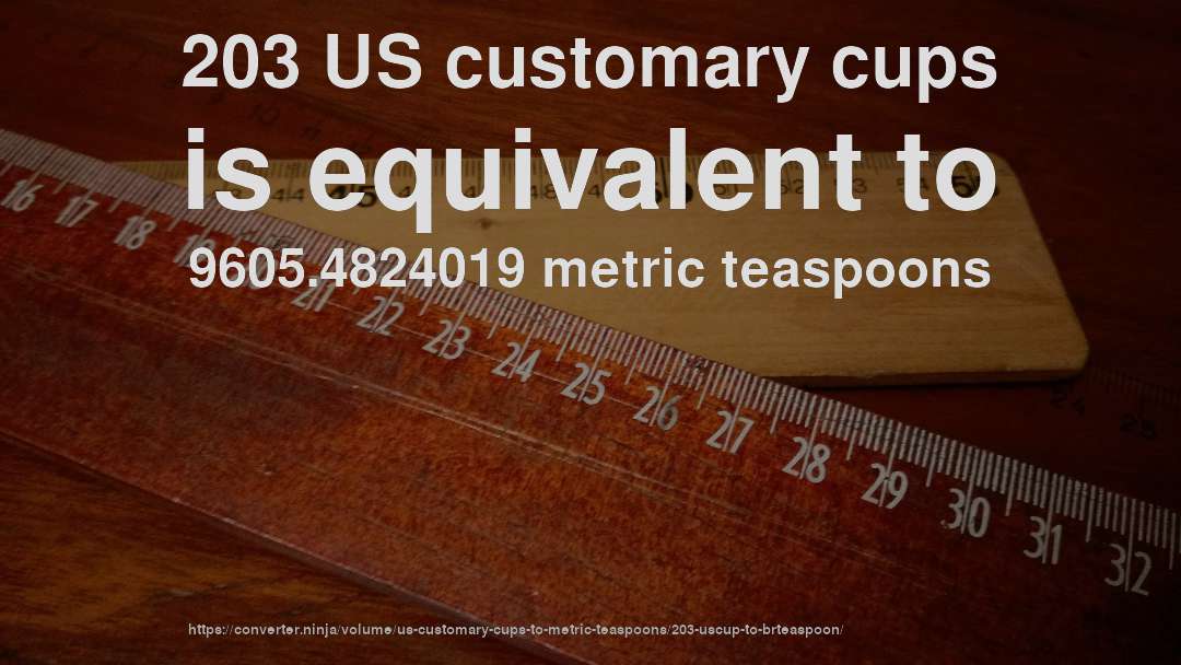 203 US customary cups is equivalent to 9605.4824019 metric teaspoons