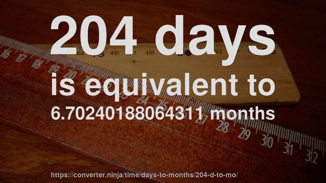 204 days is equivalent to 6.70240188064311 months