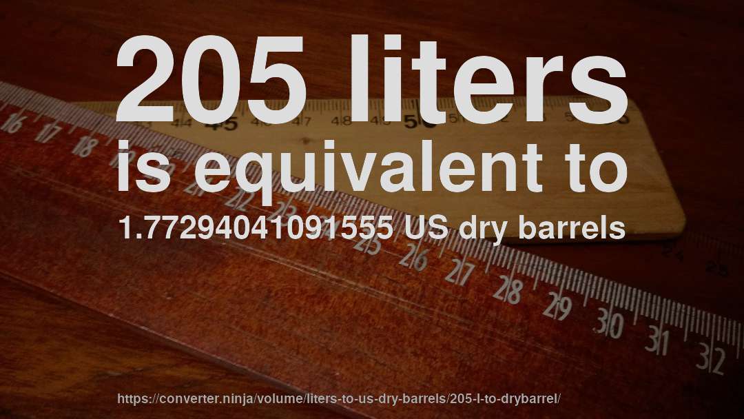 205 liters is equivalent to 1.77294041091555 US dry barrels