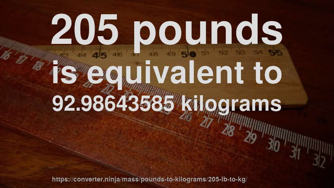 205 pounds is equivalent to 92.98643585 kilograms