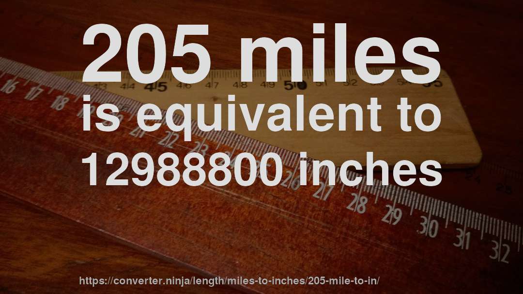 205 miles is equivalent to 12988800 inches