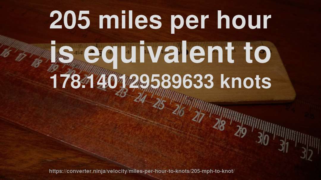 205 miles per hour is equivalent to 178.140129589633 knots